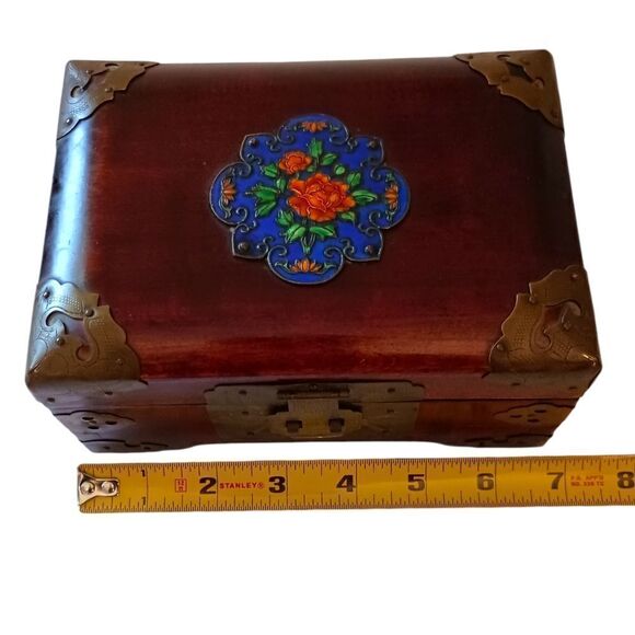 Vintage Cloisonne Wooden Jewelry Box Asian Brass Floral Rosewood Silk Lined - Picture 4 of 16